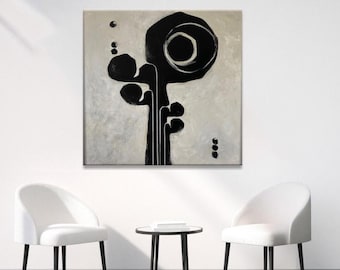 Modern abstract zwart-wit muurkunst getextureerde biomorfe minimalistische vierkante canvas schilderij decor halverwege de eeuw