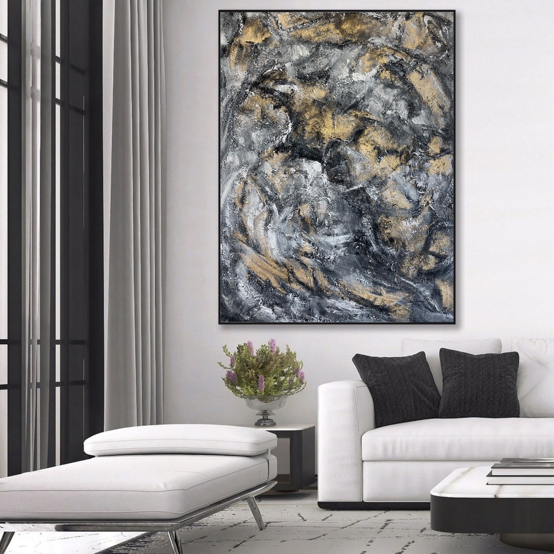 Abstract Gold Leaf Oil Painting – Textured Modern Wall Art in Black ...