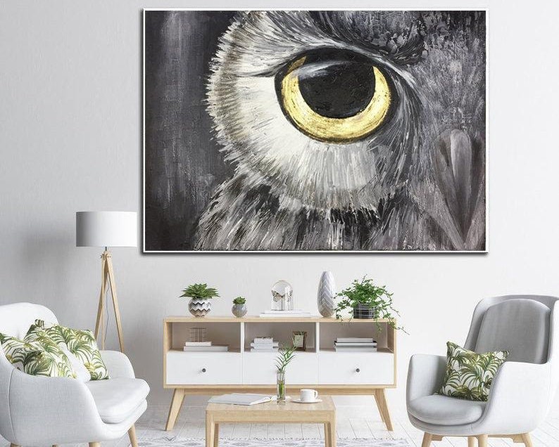 Abstract Owl Eye Oil Painting: Modern Bird Art on Canvas
