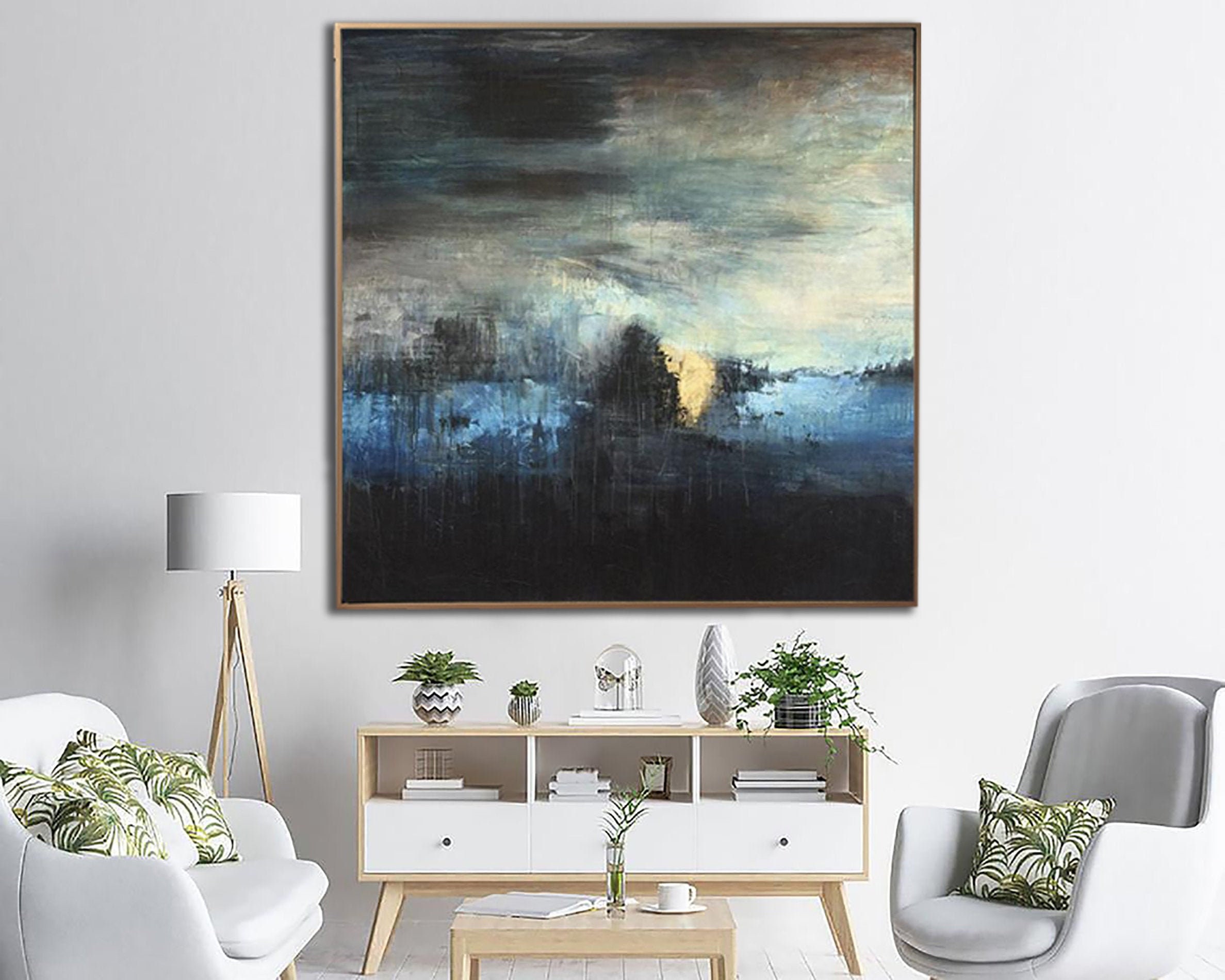 Original Oil Painting Canvas Dark Blue Wall Art Abstract Black Etsy UK