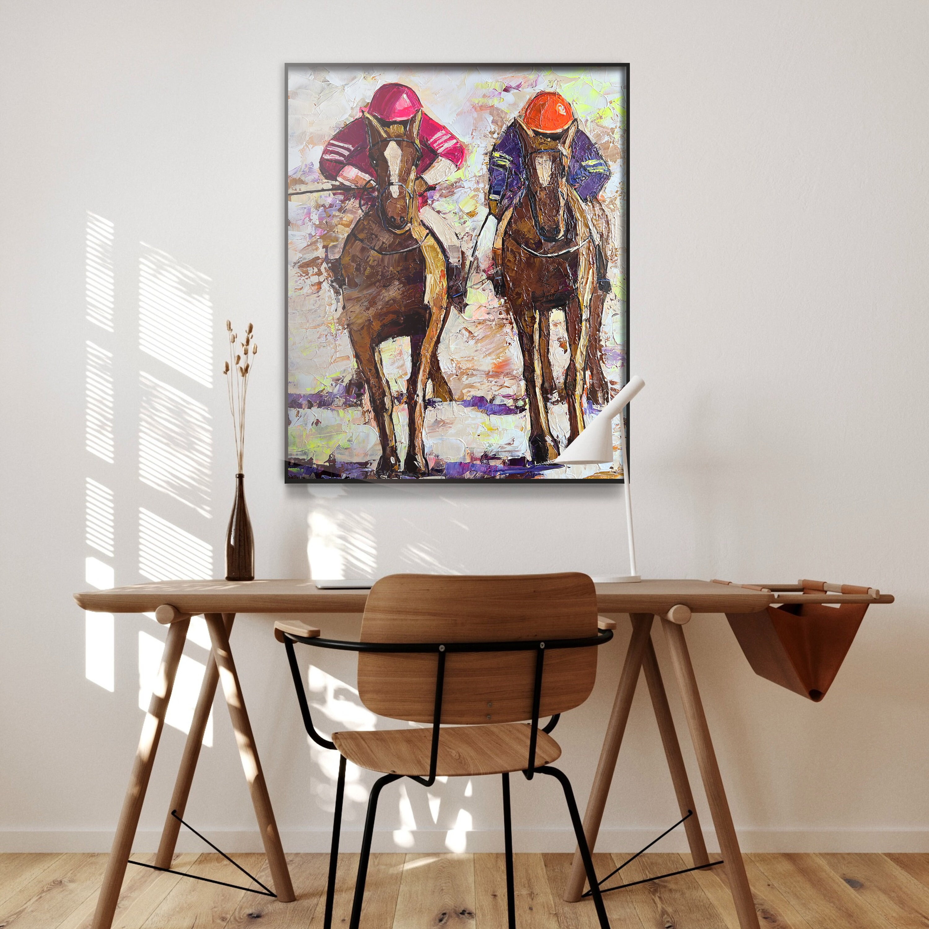 Polo Female Players, Fine unique Pop Art Painting, Polo Art, Original Hand Painted Impressionist Horse Polo Oil Painting On Canvas 35.8x24"