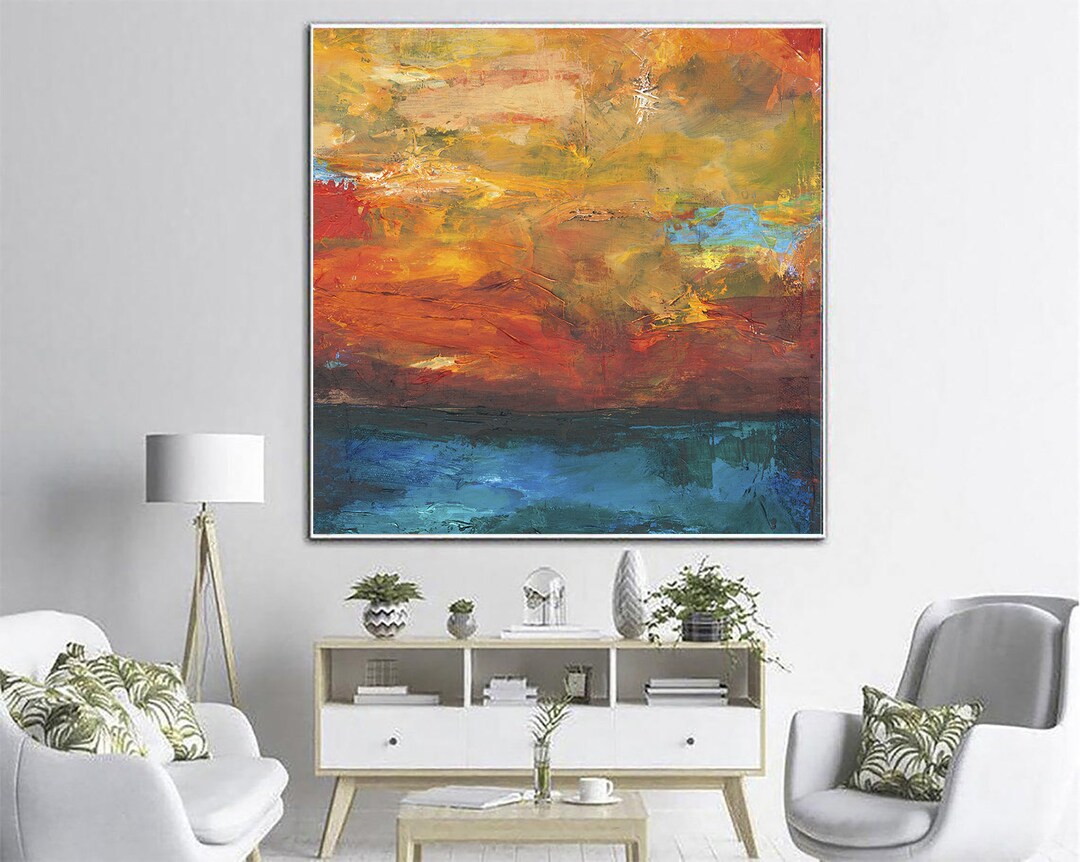 Large Abstract Sunset Oil Painting – Textured Ocean Sky Modern Wall Art ...