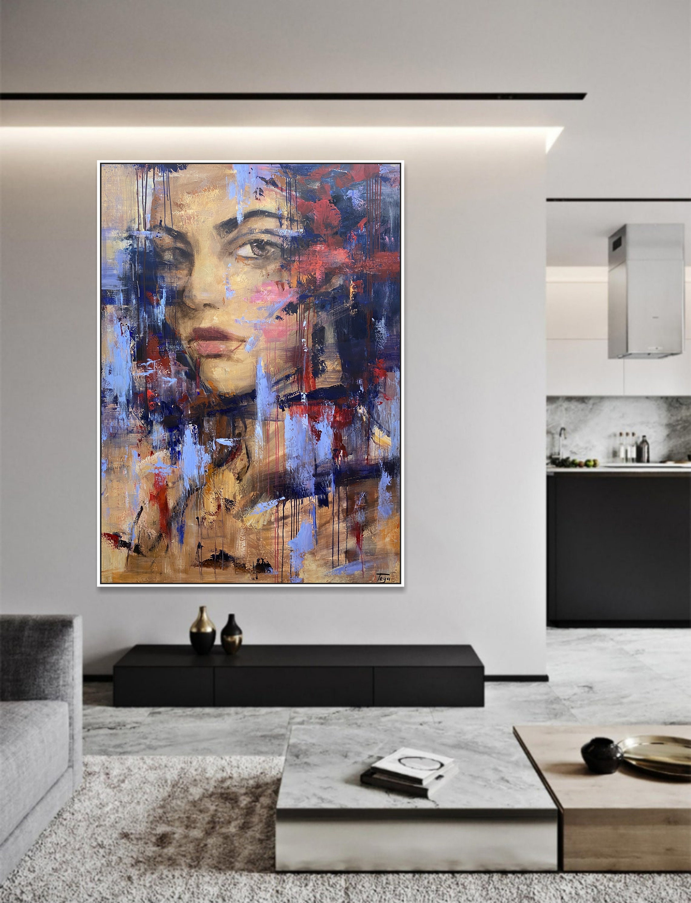 Abstract Woman Face Painting – Textured Oil on Canvas Wall Art (63"x47 ...
