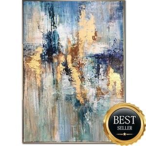 Pintura Abstrata Azul e Dourada – Arte de Parede Moderna e Luxuosa