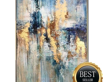 Blue and Gold Abstract Painting – Modern Luxury Wall Art