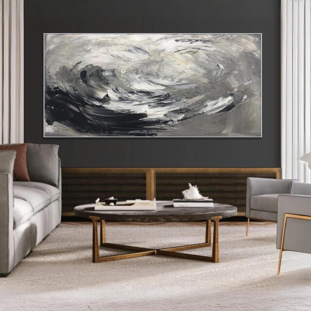 Large Black and White Abstract Painting Textured Swirl Canvas Modern ...