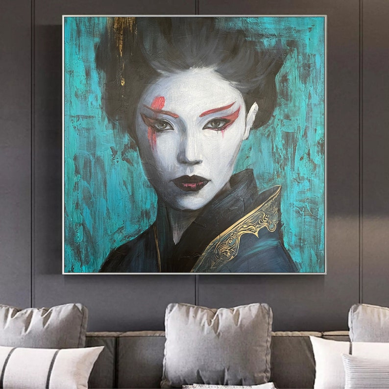 Abstract Chinese Woman Original Female Oil Painting on Green Geisha Wall Art Decor for Living Room WU ZETIAN image 1