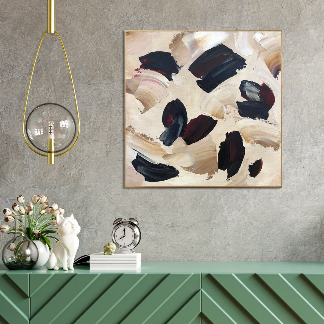 Large Textured Abstract Painting, Black Cream Impasto Canvas Wall Art ...