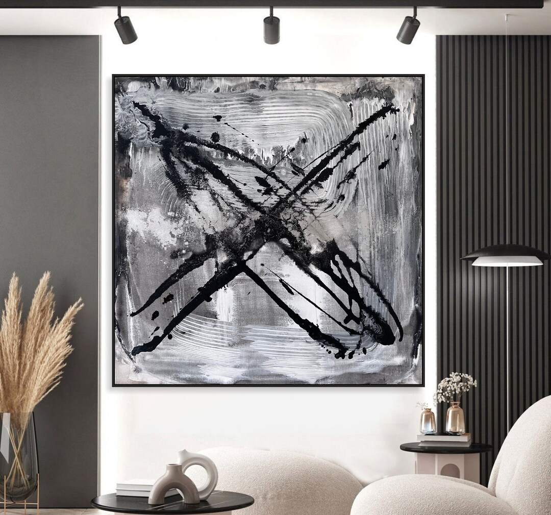 Black and White Abstract Splatter Painting: Framed Modern Wall Art ...