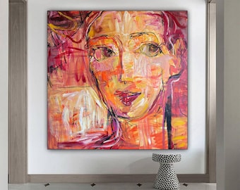 Pink Orange Abstract Portrait Face: Large Textured Impasto Canvas Painting Modern Wall Art
