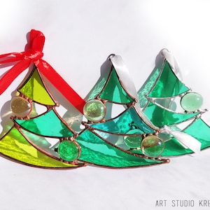 Green Christmas Trees Hanging Decoration Stained glass, Ornament, Window Decoration, Glass Wall Hanging, Home Decor Gift