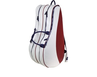 Sac à dos de tennis en cuir, 4 raquettes, cuir souple grainé grainé, housse de protection pour raquettes, poignée supérieure et sac à bandoulière | Marron/Blanc/Jaune