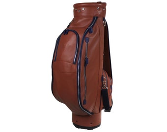 Leather Golf Clubs Cart Bag with Shoulder Strap Soft Pebble-Grain Waterproof Full Grain Leather Golf Equipment Accessories Bag BROWN/BLUE