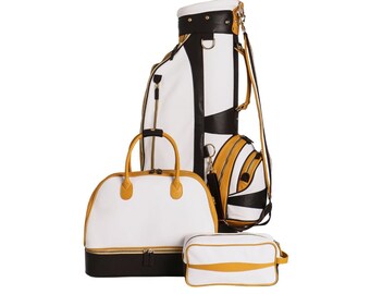 Leather Golf Set Cart Clubs Bag, Duffle Bag & Accessories Bag Italian Soft Pebble-Grain Waterproof Leather Elegant Luxury Golf Bags