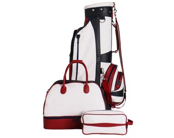 Leather Golf Set Cart Clubs Bag, Duffle Bag & Accessories Bag Italian Soft Pebble-Grain Waterproof Leather Elegant Luxury Golf Bags