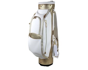 Leather Golf Clubs Cart Bag with Shoulder Strap Soft Pebble-Grain Waterproof Full Grain Leather Golf Equipment Accessories Bag WHITE/GOLD