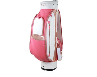 Leather Golf Clubs Cart Bag with Shoulder Strap Soft Pebble-Grain Waterproof Full Grain Leather Golf Equipment Accessories Bag PINK/GOLD