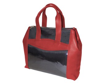 CARBON FIBER & Real Leather Tote Briefcase Shoulder Bag Handbag Italian Luxury Designer Travel Bag, Shoulder Strap Included (Red/Black)