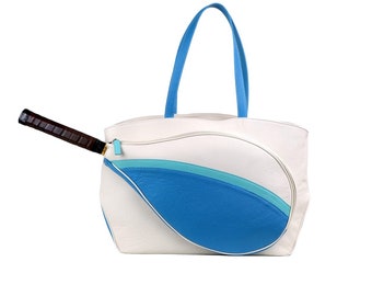 Leder Tennistasche Shopper Schlägertasche italienischem Vollnarbenleder Soft Pebble-Grain WEISS/AZUR/BLAU