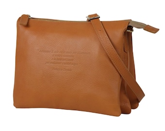 Leather Shoulder Bag Purse with Italian Beautiful Quote | Italian Soft Pebble-Grain Leather Luxury Handbag (AMBER)