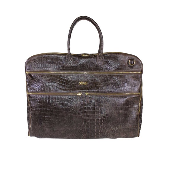 Luxury Garment Bag Real Embossed Calf Leather Crocodile Print Italian  Travel Bag brown 