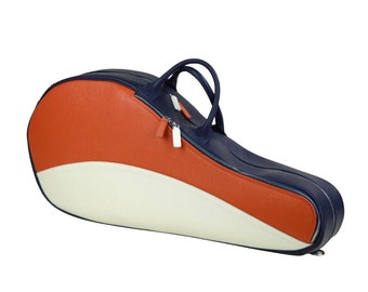 Sac de tennis en cuir Sac de sport pour raquettes 2 raquettes Cuir pleine fleur grainé souple imperméable fait main Italie Orange/Bleu/Blanc