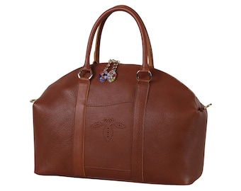 Frescoed Leather Chapel Bag with Murano Murrina Glass | Italian Soft Pebble-Grain Leather | Women's Luxury Tote Handbag (BROWN)