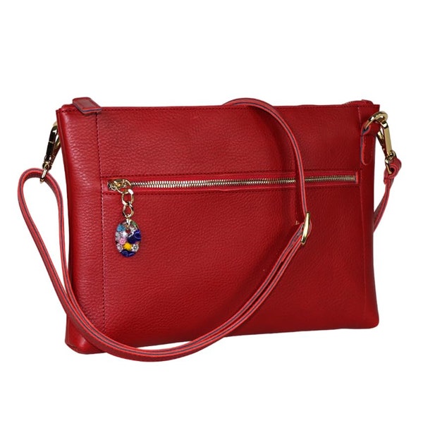 Bolso de hombro de cuero con cristal de Murano Murrina / cuero italiano suave de grano de guijarro / bolso de mano Pochette Messenger Bag (ROJO)