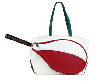 Leather Tennis Shopper Bag Racket Case Italian Full Grain Leather Soft Pebble-Grain WHITE/RED/GREEN