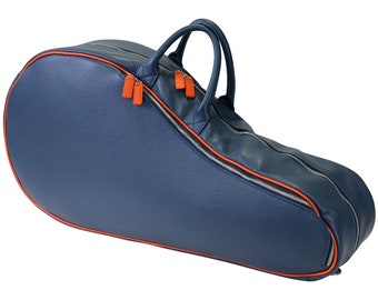 Sac de Tennis en Cuir Raquette Sac de Sport 2 Raquettes Souple Galet-Grain Cuir Pleine Fleur Imperméable Fait Main Italie - Bleu Air Force / Orange