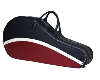 Sac de tennis en cuir Sac de sport pour raquettes 2 raquettes Cuir pleine fleur souple grainé imperméable fait main Italie - Bleu/Rouge/Blanc