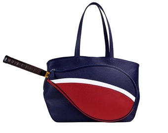 Leather Tennis Shopper Bag Racket Case Italian Full Grain Leather Soft Pebble-Grain BLUE/RED/WHITE