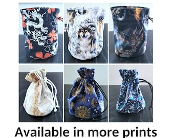 Drawstring Pouch for Dice, Tokens, Coins, Crystals, Stones, Gift Bags, Cotton Fabric, Lined, Plastic Cord Stopper, Handmade, Multiple Prints