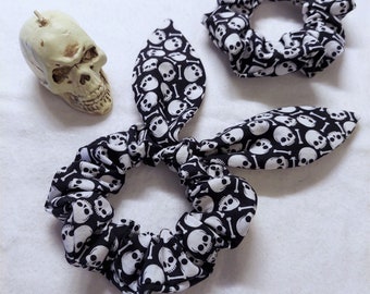 Skull and Bone Hair Scrunchies, With or Without Tied Bow, Bunny ear, Cute, Kawaii, Street Fashion, Goth, Punk, Handmade, Ready to Ship