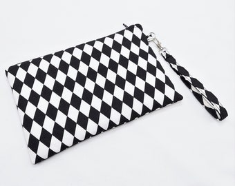 Black and White Geometric Print Flat Zipper Pouch, Lightly padded and water-resistant lining, Detachable wrist strap, Wristlet Travel Bag