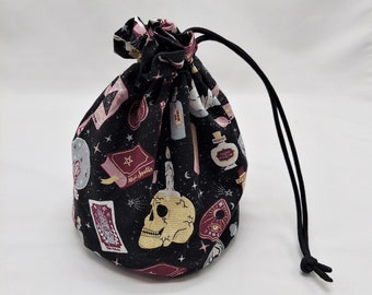 Witch's Tools Drawstring Pouch for Dice, Tokens, Coins, Crystals, Stones, Gift Bags, Cotton Fabric, Lined, Plastic Cord Stopper, Handmade