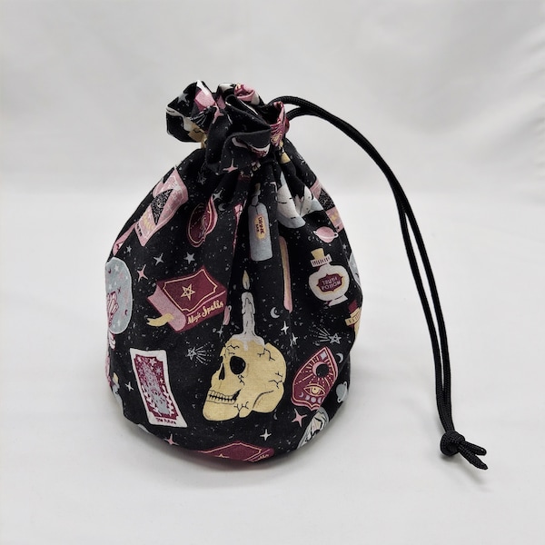 Witch's Tools Drawstring Pouch for Dice, Tokens, Coins, Crystals, Stones, Gift Bags, Cotton Fabric, Lined, Plastic Cord Stopper, Handmade