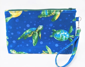 Turtles in the Sea Print Flat-bottom Standing Zipper Pouch, Lightly padded and water-resistant lining, Detachable wrist strap, Travel Bag