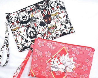 Kawaii Fox and Yokai Print Flat Zipper Pouch, Lightly padded and water-resistant lining, Detachable wrist strap, Wristlet Travel Bag