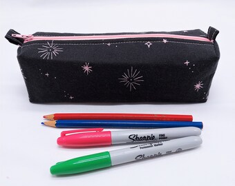 Black and Pink Magical Night Sky Pencil Pouch, Stars and Moons, Zippered Pen Case, Cotton Fabric with Lining, Handmade, Gift for Students,