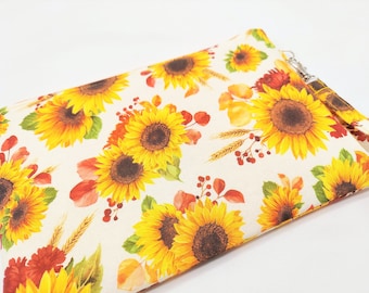 Sunflower Fall Print Flat Zipper Travel Pouch, Lightly padded, water-resistant lining, Detachable wrist strap