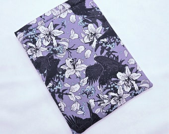 Padded Sleeves Black Birds and Lilies Print, Tablet Sleeves, Book Sleeves, Cotton, Lined, No Closure, Handmade, Book Lover Gift