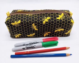 Hello Bees! Black and Yellow Beehive Pencil Pouch, Zippered Pen Case, Cotton Fabric with Lining, Handmade, Gift for Students,