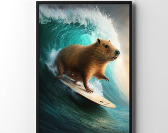 Capybara Surfing on a Wave Print | Digital Art Print | Printable Home Decor Art | Capybara Gifts | Printable Poster