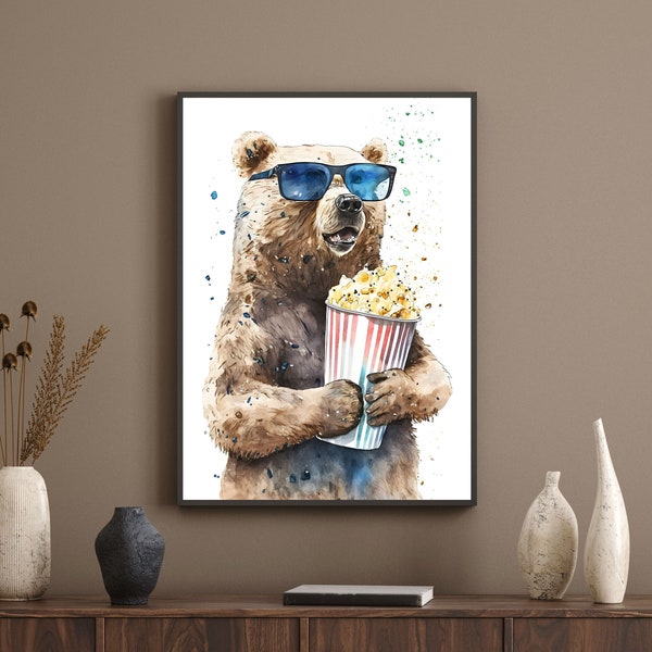 Bear Cinema Art Print | Bear with Popcorn Art | Digital Print | Watercolor Wall Art | Bear Painting