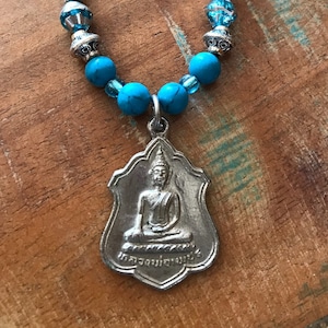 Hand Beaded Thai Buddha Amulet Necklace: Turquoise Howlite & Silver