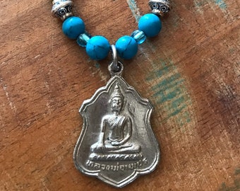 Hand Beaded Thai Buddha Amulet Necklace: Turquoise Howlite & Silver