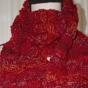 Hand Knit Wool Blend Scarf: Dark Red Marled Fringe Scarf