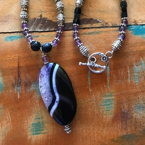 Agate Pendant Necklace - One of a Kind - Artisan Hand Crafted - Hand Beaded Necklace - Agate Pendant - Purple, Black, White, and Silver