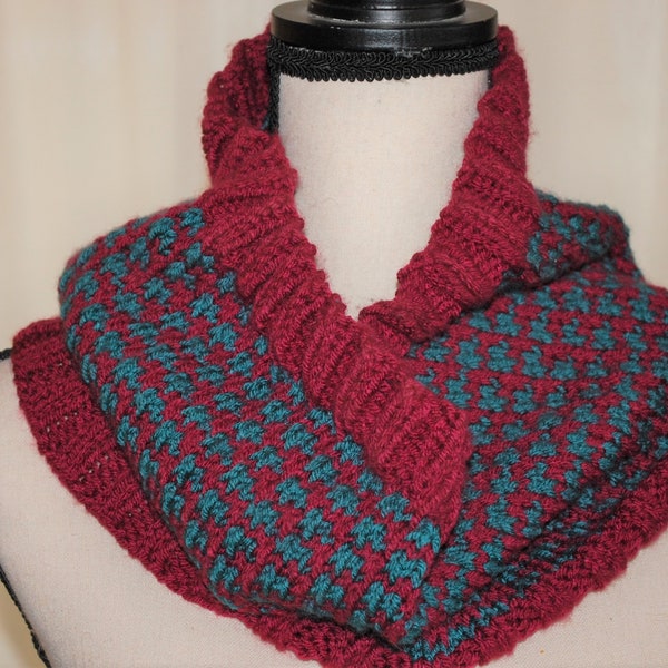 Hand Knit Cowl Scarf - Merlot and Green Teal - Acrylic - Soft and Warm